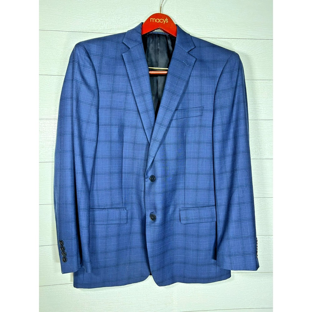 Calvin Klein 40R 100% Wool Navy Blue Plaid Two Button Blazer Suit Jacket